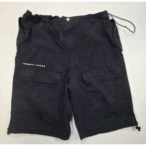 90s Tommy Hilfiger Shorts Men XL Black Denim Jeans Wide Ripstop RARE Cinch Cords